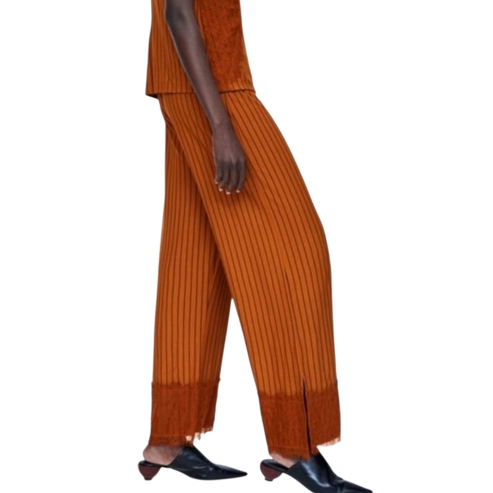 Zara Golden Brown‎ Striped Lace Hem Pants Size Small